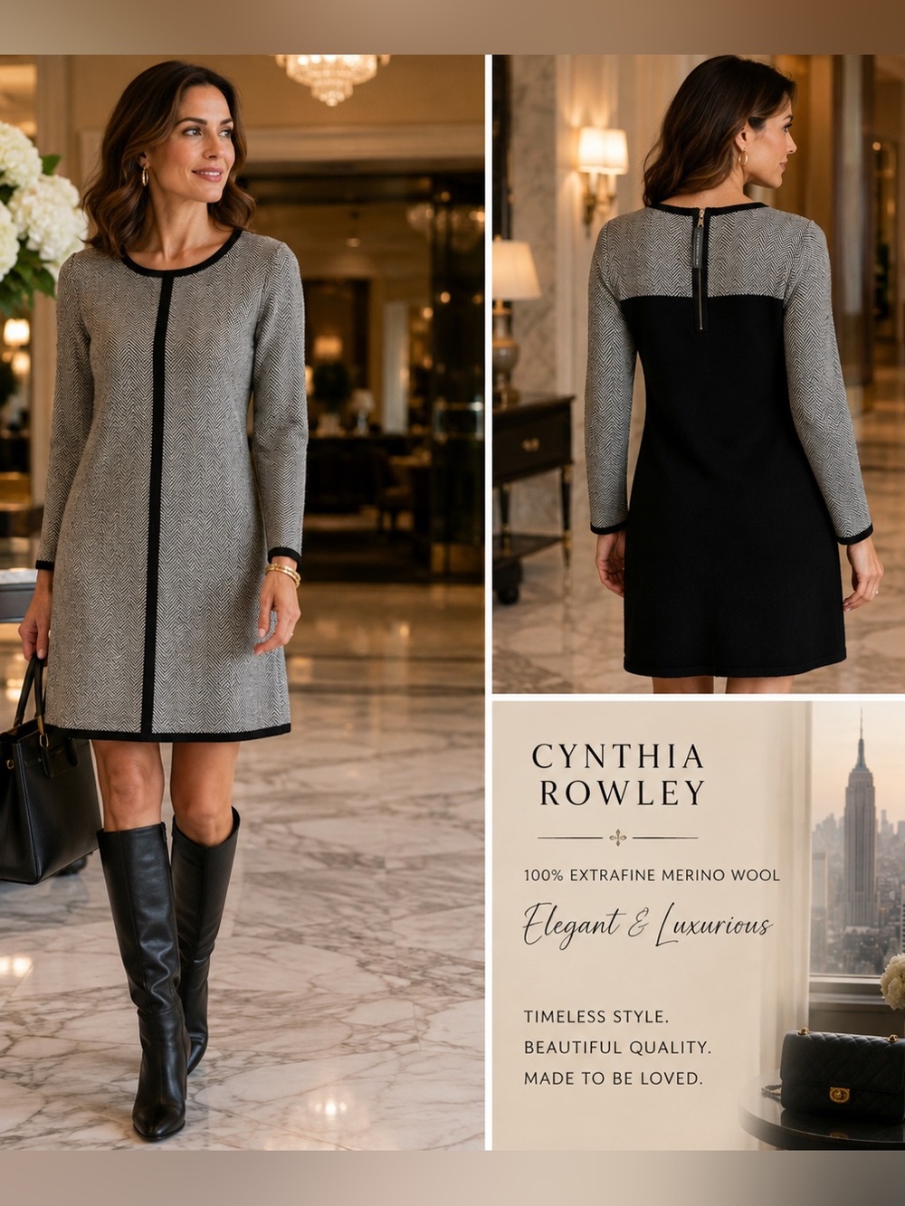Cynthia Rowley 100% Merino Wool Herringbone Sweater Dress L NWT